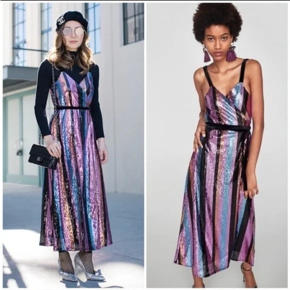 SOLD Zara Sequin Stripe Midi Wrap Dress, Sz Small - Picture 7 of 16